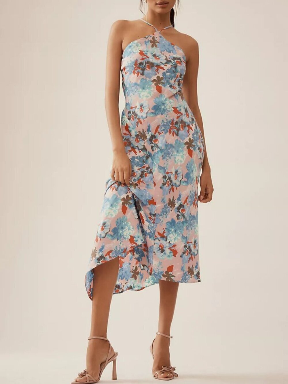 By Anthropologie Pink Multi Floral Halter Slip Midi Dress Size XXS 36315